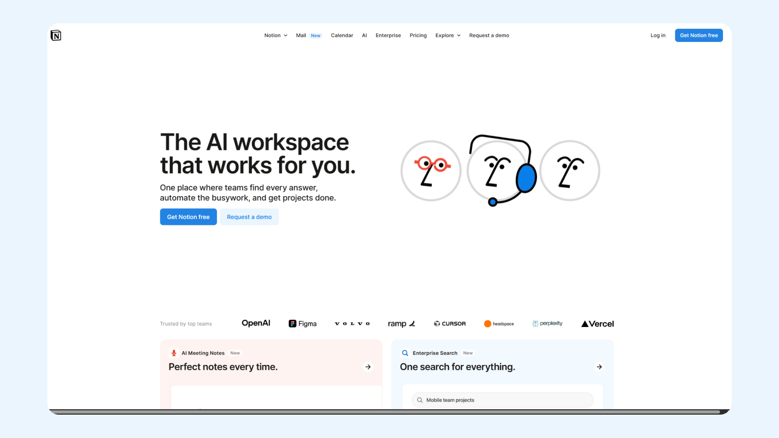 UI дизайн первого экрана на сайте Notion