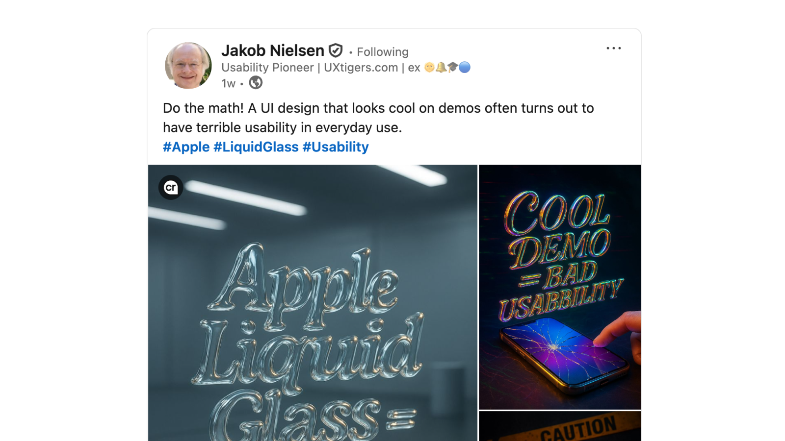 Скриншот поста Джейкоба Нильсена касательно Liquid Glass в LinkedIn