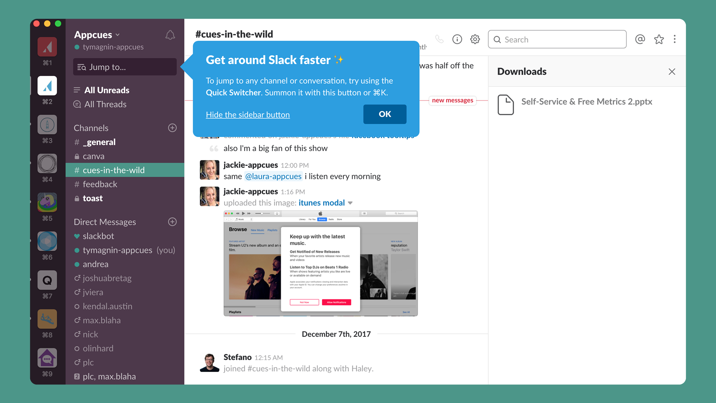 Синий акцентный tooltip в интерфейсе Slack