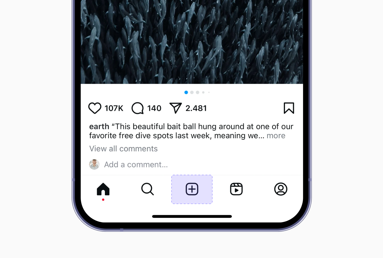 Размещение кнопки "добавить пост" в дизайне приложения Instagram