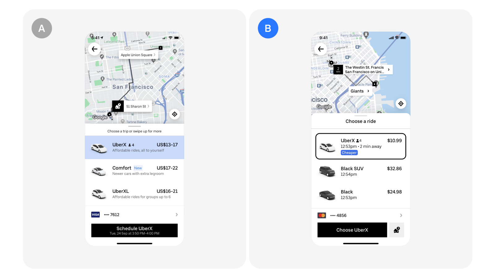 A/B тест от Uber с разным выделением тарифов в интерфейсе