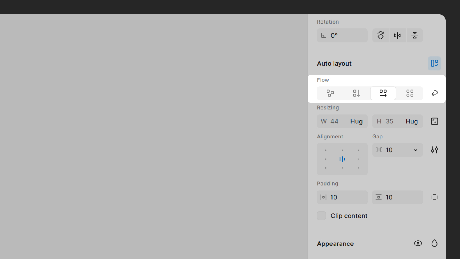 Панель настройки направления Auto layout в Figma