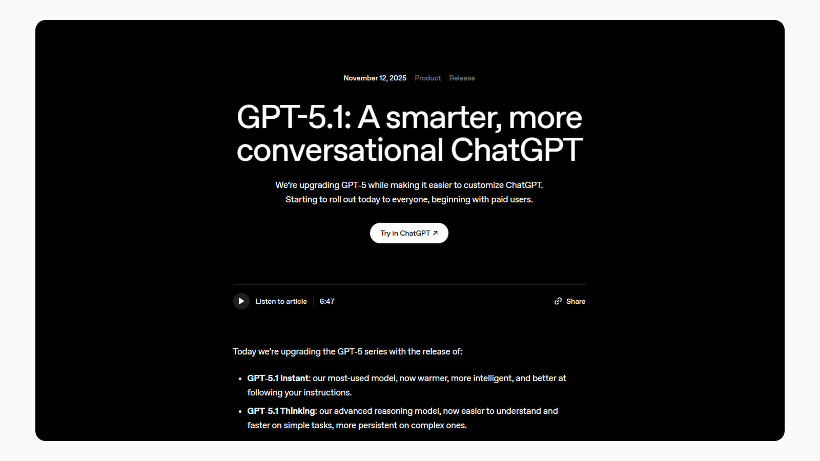 Скриншот статьи о новой модели ChatGPT 5.1