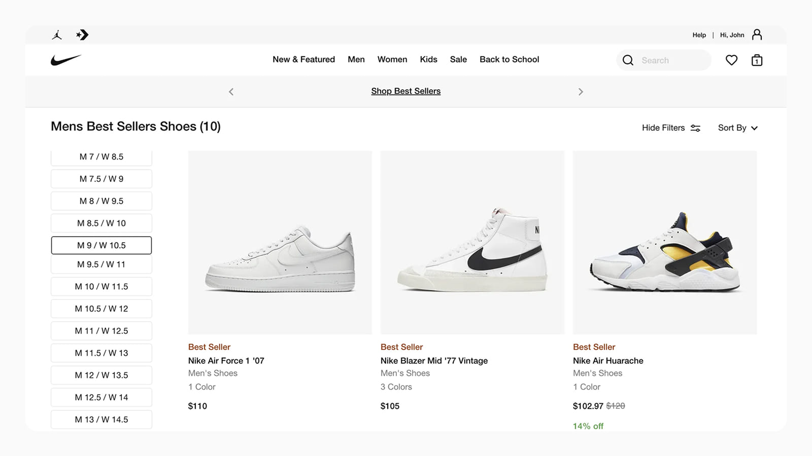 Дизайн фильтров в интерфейсе интернет-магазина Nike
