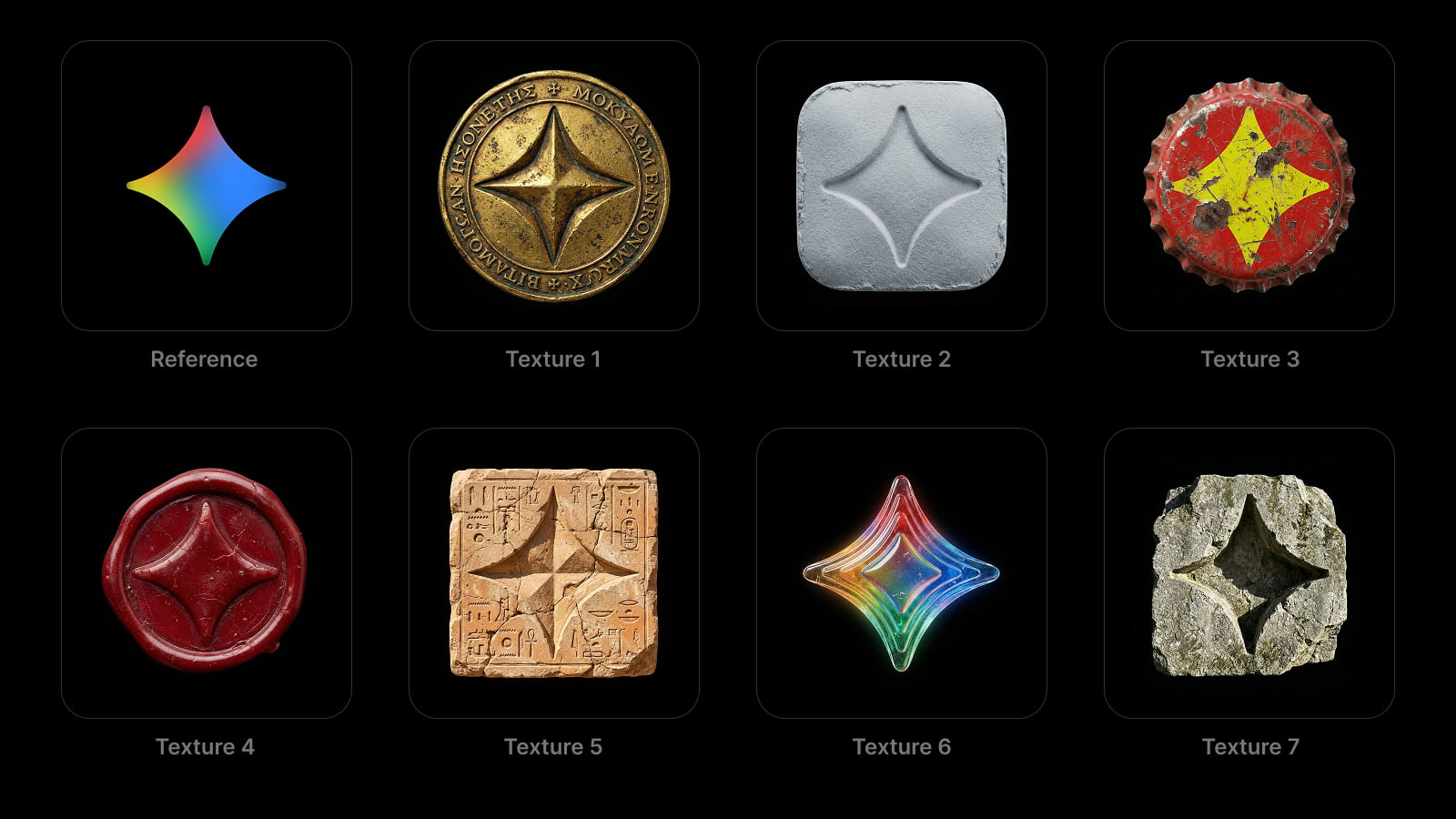 Дизайн разных текстур логотипа Gemini, созданных с помощью NanoBanana