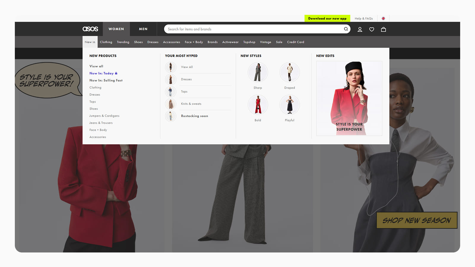 Дизайн мега-меню в интерфейсе интернет-магазина Asos