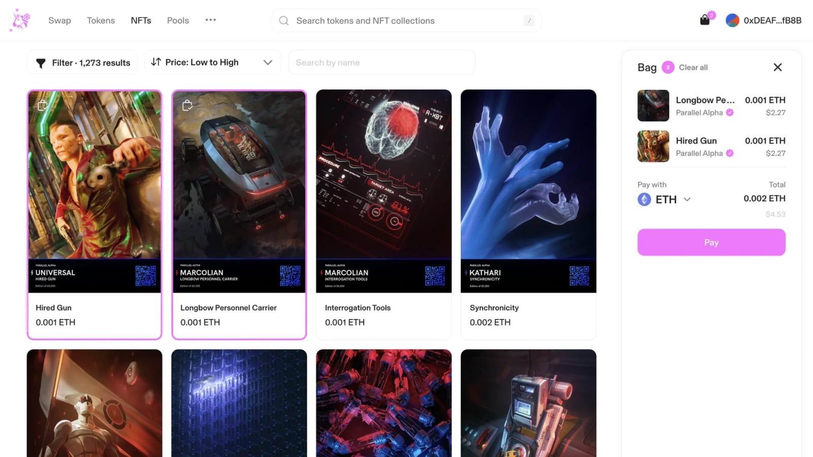 Пример mini cart в интерфейсе интернет площадки Uniswap
