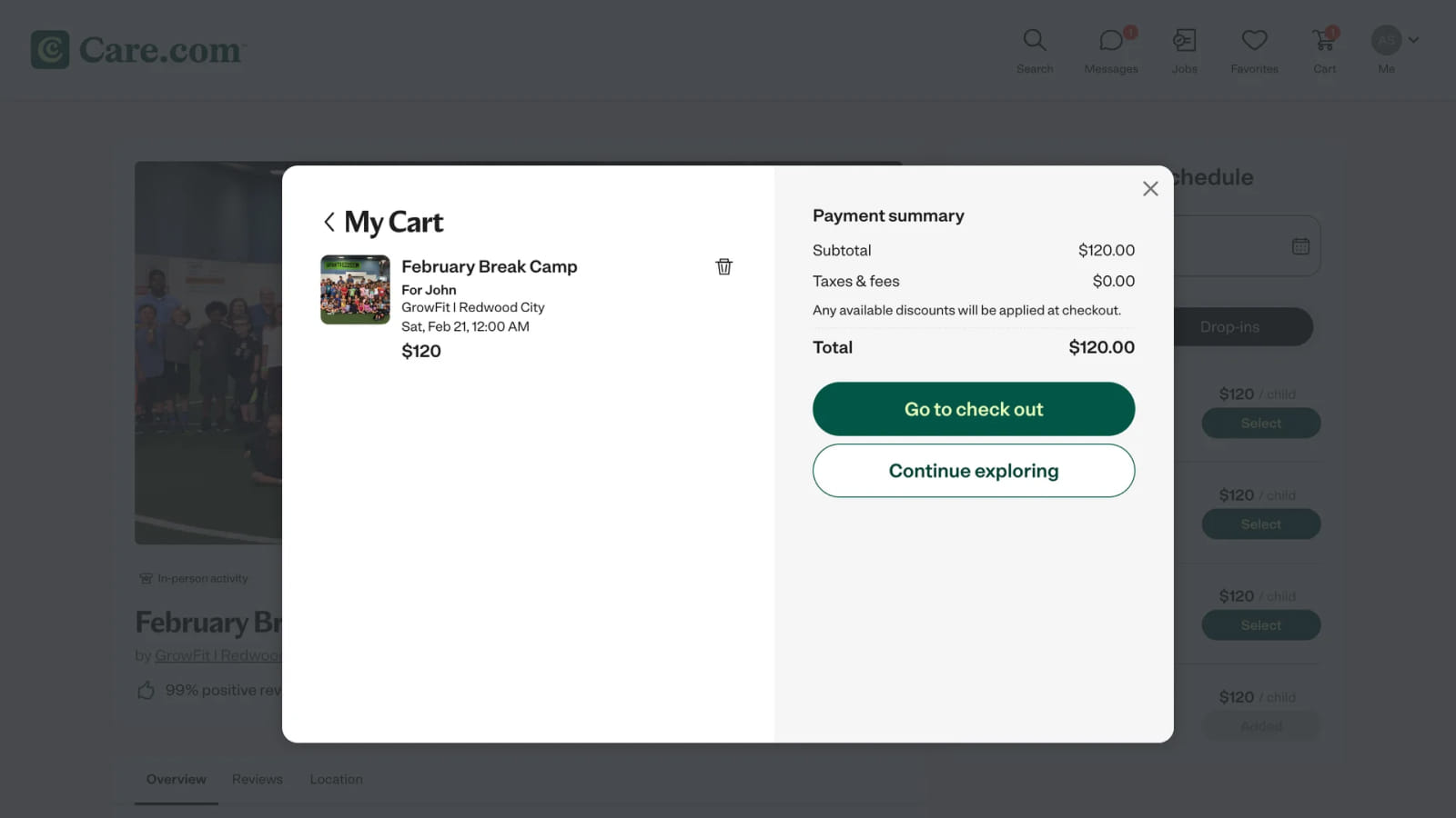 Пример Pop-up корзины в дизайне магазина Care