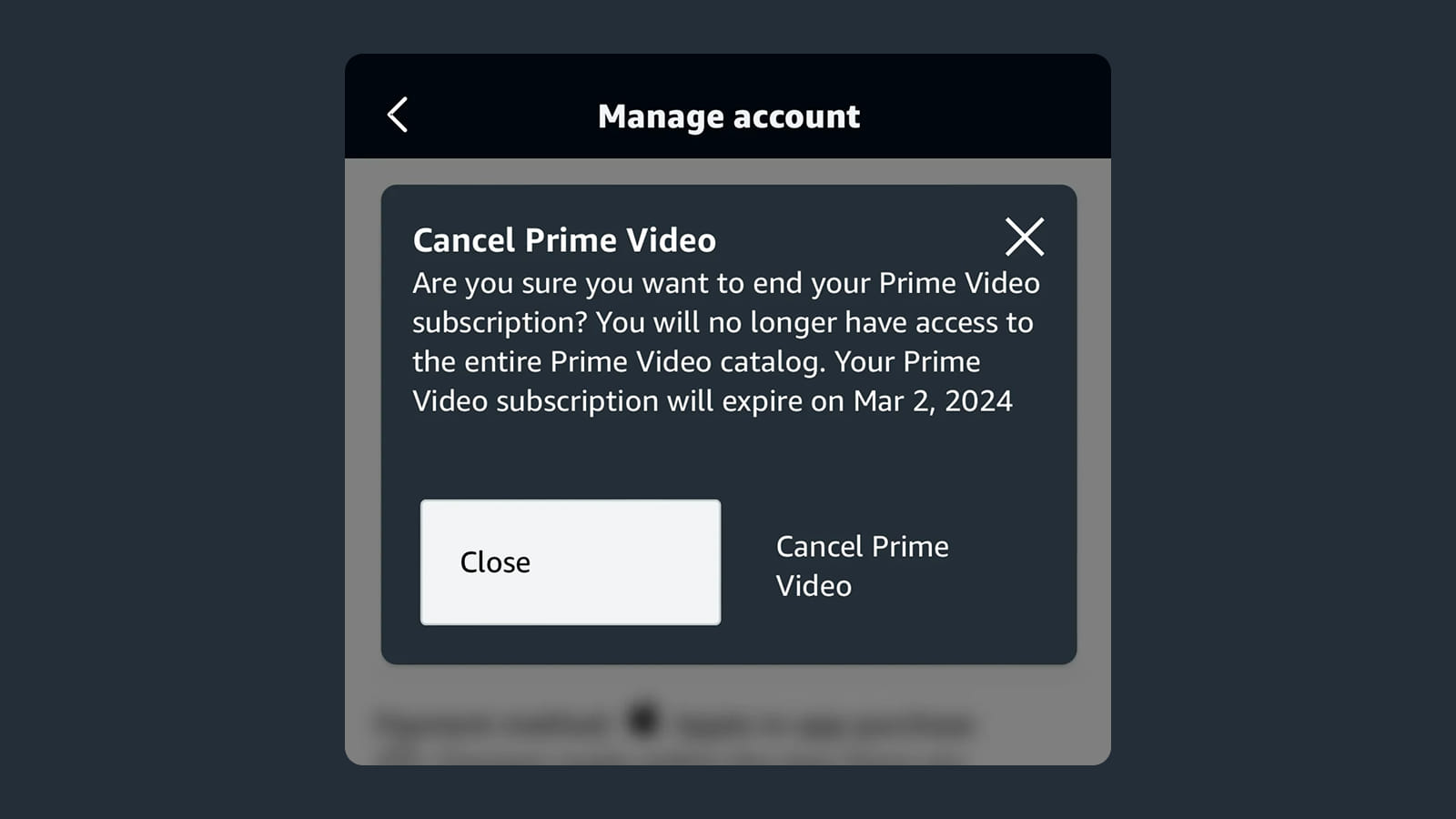 Интерфейс отмены подписки в приложении Amazon Prime